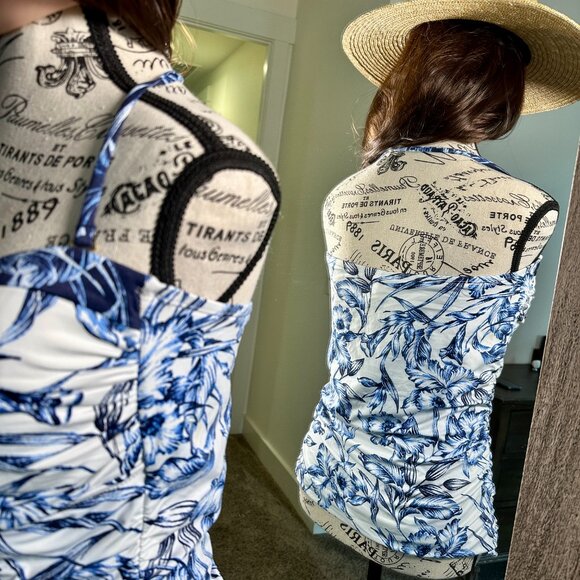 Tommy Bahama SwimSuit Top LG Ruched Floral ParisPrint Blue White Spaghetti Strap - Picture 4 of 9